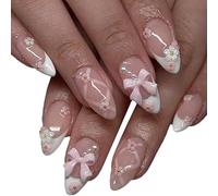 24 Pcs Stick on Nails, French Tip kiss False Nails, Nude Pink Medium press on Fingernails Set Removable Glue-on With Removable Glue-on 3D Flowers And Butterfly Design, for Women Girls Nail Art