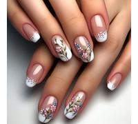 24 Pcs Stylish Floral Print Press On Nails Full Covers Stick On Nails French Artificial Manicure For Fashion Women Elegant Nail Designs