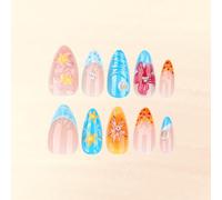 24 pcs Summer Beach Nail Stickers - 3d Press on nails Almond Floral - French Tip False Nails with Glue - Blue Nails Medium Length Stick on Nails with Design Pearl Sea Waves