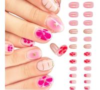 24 PCS Summer Nails Short False Nails Summer Press on Fake Nails Press ons Summer Stick on Nails for Women Red Gradient with Star and Floral Design for Summer Garden Parties Dates Beach