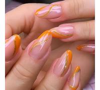 24 PCS Sunset Peach Press On Nails - Almond Shape Tangerine Orange Golden Spark Nude Pink Base Elegance Citrus Glam - Chic Modern Glow Shine Manicure for Women Festival Thanksgiving