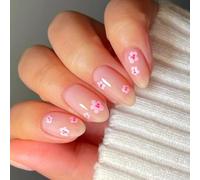 24 Pcs Sweet Flowers False Nails Simple Artificial Nails Glossy Full Covers Stick On Nails Short Oval Press On Nails