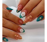 24 PCS Teal Green Press On Nails - Short Almond Shape Nude Pink Base Flower Accent Metallic Line Art - Elegant Floral Nail Art French Tip Variation Modern Chic for Women (Teal Green)