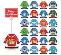 24 Pcs Ugly Sweater Christmas Table Place Card Holders Stand Display, Wooden Christmas Table Card Holders with Swirl Wire Memo Name Number Photo Sign Clip Holder for Christmas Party Table Decorations