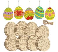 24 Pcs Unfinished Wooden Easter Egg Ornaments to Paint, DIY Blank Wood Cutouts with 8 Pre-Drawn Patterns and Twine, Spring Craft Wood Slices for Hand-Painted Art, Tree Hanging Decorations