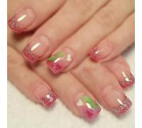 24 Pcs Valentines Day False Nails Mediums Square Press On Nails Lovely Heart Artificial Nails French Tip Stick On Nails