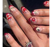 24 Pcs Valentines Day False Nails Short Almond Press On Nails Skull Acrylic French Tip Full Covers Stick On