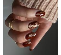 24 Pcs Valentines Day Glossy False Short Almond Full Covers Stick on Gold Wheat Acrylic