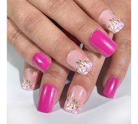 24 Pcs Valentines Day Press On Nails Flowers False Short Full Covers Stick On Glossy Artificial