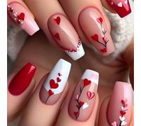 24 Pcs Valentine's Day Press On Nails For Women Girls Long Coffin False Nails With Heart Designs Artificial Valentine's Day Nail Art