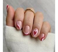 24 Pcs Valentines Day Press On Nails French Tip False Nails Heart Stripes Acrylic Nails Short Stick On Nails For Woman