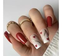 24 Pcs Valentines Day Press On Nails Golden Stripes False Nails Square Full Covers Stick On Nails Heart Artificial Nails