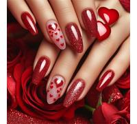 24 Pcs Valentines Day Press On Nails Heart False Nails Almond Shape Full Covers Stick On Nails Glittering Acrylic Nails