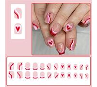 24 Pcs Valentines Day Press On Nails Short Square Festival False Nails Heart Stick On French Tip Acrylic