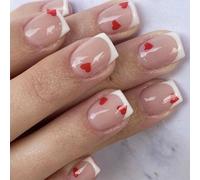 24 Pcs Valentines Day Press On Nails White French Tip False Nails Heart Acrylic Nails Short Square Stick On Nails