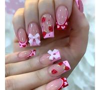 24 Pcs Valentines Day Stick On Nails With Bows Heart Full Covers False French Tip Press On Manicures Supplies