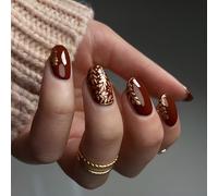 24 Pcs Wheat Full Covers False Nails Valentines Day Press On Nails Short Almond Stick On Nails Glossy Acrylic Nails