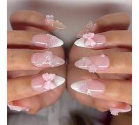 24 Pcs White French Tip Press On Nails Almond Shape Acrylic Nails Flowers Full Covers Stick On Nails 3D Bows False Nails