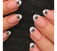 24 PCS White Tips Press On Nails - Almond Shape False Nails with Cute Black Bow Accents - for Women Daily Romantic Minimalist Style Special Events