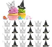 24 Pcs Witch Hat Cupcake Topper Crown Cupcake Topper Bad Witch Birthday Party Decorations Black Tiny Wizard Hats Silver Crown Cake Decor for Birthday Party Supplies Crafts Accessories