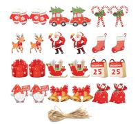 24 Pcs Wooden Christmas Theme Ornaments, Flat Xmas pendants Reindeer Santa Claus Bells Dwarf Stockings Gloves Car Candy Styles, Christmas Tree Hanging Ornaments for Holiday Party Tree Decoration