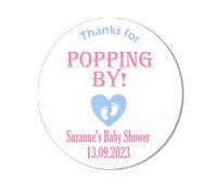 24 Personalised Baby Shower Stickers Thank You Popcorn Cone Stickers, Favour Bag Stickers, Thanks for Popping by (Pink & Blue)