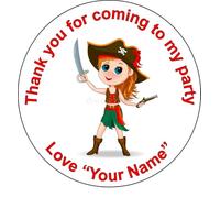 24 Personalised Birthday Stickers Labels Thank You for Coming to My Party Bag Seals 45mm Stickers (Pirate Girl)