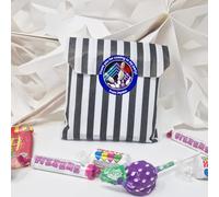 24 Personalised Bowling Party Stickers - Thank You Labels for Sweet Cones & Favour Bags - Blue Stickers & Empty Striped Bags