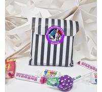 24 Personalised Bowling Party Stickers - Thank You Labels for Sweet Cones & Favour Bags - Purple Stickers & Empty Striped Bags