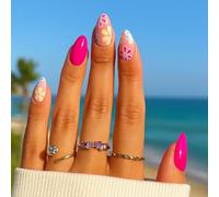 24-Piece Almond Artificial Press-On Nails with Bright Pink Floral Glossy Design - Multi-Size Nail Kit for Easy Application at Parties, Weddings, Vacations, or Daily Wear, Floral Pattern on Peach