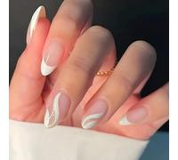 24-Piece Almond & Coffin French Tip Press-On Nails with Glossy Swirl Design - Medium Square Short False Nails Set for Women, 3D Summer Art Reusable Stick-On Tips for Elegant Manicure