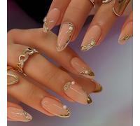 24-Piece Almond Press-On False Nails, Medium, Nude with Gold-Tone Edging | Glossy full-cover finish, raised pearl-like details, adhesive tabs included, for home manicures, dinners and social events