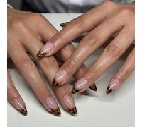 24-Piece Almond Press-On False Nails, Nude Pink Leopard French Tips | Glossy medium-length design, gold-tone dot details, jelly adhesive tabs included, for home manicures, work or social events