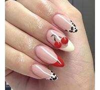 24-Piece Almond Press-On Nails Set With Glossy Red French Tips And 3D Cherry Accent - Full Cover Short Oval False Nails Featuring Soft Pink Base And Leopard Print Design For Salon Style At Home