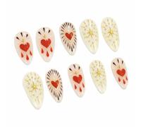 24-Piece Almond Press On Nails with Gothic Chic Glitter Heart Design - Bold Graphic Statement Vintage-Inspired Manicure Set for Parties, Special Occasions and Events, Glamorous Red Gold Black Art