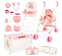 24-Piece Baby Doll Care Playset Includes Stroller, High Chair, Travel Cot, Feeding Accessories Realistic Baby Doll Pretend
