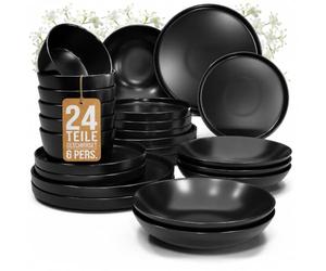24 Piece Black Dinner Sets for 6 People - Cool Urban Style Stoneware Dinner Set for 6 - Dishwasher & Microwave Safe Plates and Bowls Set for 6 - Dinnerware Sets by Pure Living in Matte Black