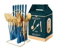 24 Piece Black Stainless Steel Flatware Set for 6 Mirror Polished Luxury Cutlery Long Handle Utensils Durable Dishwasher Safe Tableware