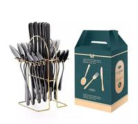 24 Piece Black Stainless Steel Flatware Set for 6 Mirror Polished Luxury Cutlery Long Handle Utensils Durable Dishwasher Safe Tableware