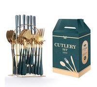 24 Piece Black Stainless Steel Flatware Set for 6 Mirror Polished Luxury Cutlery Long Handle Utensils Durable Dishwasher Safe Tableware