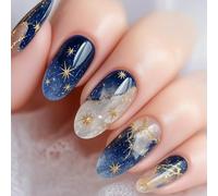 24-Piece Celestial Galaxy Press-On Nail Kit with Dark Blue Gradient & Gold Star 3D Effect - Medium Almond Fake Stick-On Nails for Women DIY Art Set, Glitter French Tips UV Polish