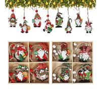 24 Piece Christmas Ornaments Set - Santa Claus, Christmas Tree, Gnome Wooden Hanging Pendants with Ropes & Twines for Xmas Party