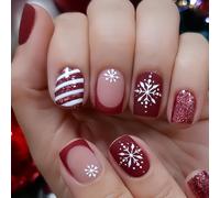 24 Piece Christmas Press-on Nails, Xmas Glitter Fake Nails with Cute Snowflake Design, Glossy French Tip Artificial Nails, White Stripe Square False Stick on Nail Red French Tips for Women