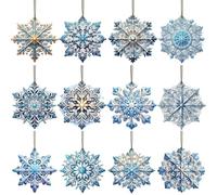 24-Piece Christmas Tree Hanging Wooden Snowflakes Decorations With Hook Blue Wood Snowflake Decor For Winter Snow Wonderland Birthday Holiday Home Office Classroom
