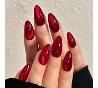 24-Piece Crystal Cat Eye Blood Red Set with Nude Pink Gradient Medium Oval False Nails - Press-Ons for Women and Girls