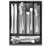 24 Piece Cutlery Set with Mesh Drawer Oragniser, Homikit Stainless Steel Flatware Silverware Sets for 6, Elegant Tableware Included Silver Knife Fork Spoon, Black Utensil Storage Tray, Easy Clean