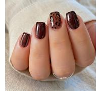 24-Piece Deep Chocolate Brown Glossy Press On Nails With Leopard Print Accent - Short Square Multi-Size False Nails For Easy 5-Minute Application And Long-Lasting Salon-Quality Manicure