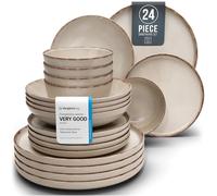 24 piece Dinner Sets for 6 People - Beautiful Country Style Stoneware Dinner Set for 6 - Dishwasher & Microwave Safe Plates and Bowls Set for 6 - Dinnerware Sets by Pure Living in Beige