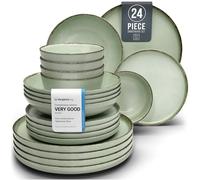 24 piece Dinner Sets for 6 People - Beautiful Country Style Stoneware Dinner Set for 6 - Dishwasher & Microwave Safe Plates and Bowls Set for 6 - Dinnerware Sets by Pure Living in Mint Green