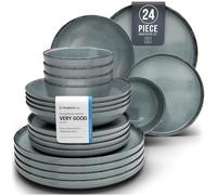 24 piece Dinner Sets for 6 People - Beautiful Country Style Stoneware Dinner Set for 6 - Dishwasher & Microwave Safe Plates and Bowls Set for 6 - Dinnerware Sets by Pure Living in Smoky Blue